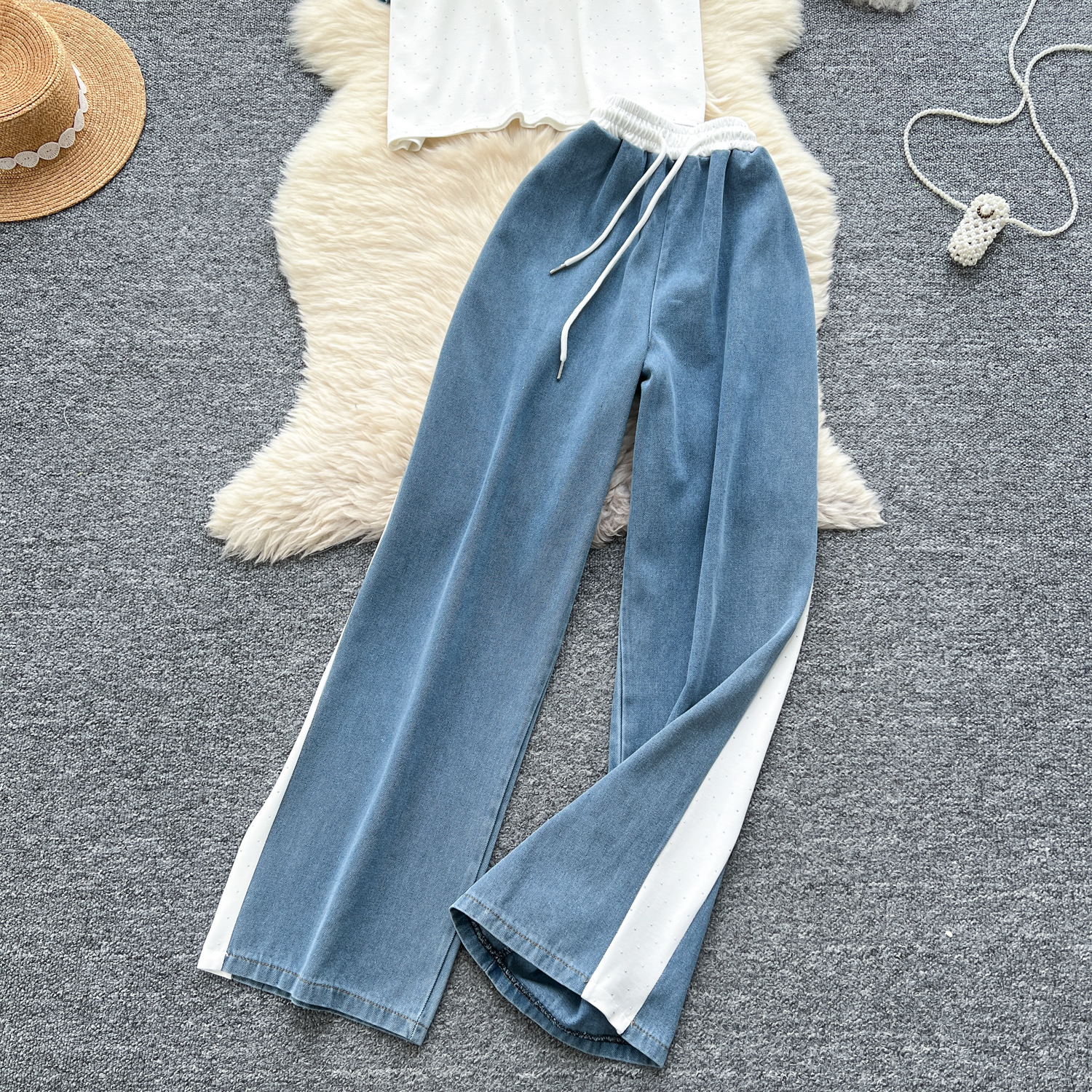 Dambyxset denim hög midja byxor med vida ben och överdel_voghion.com