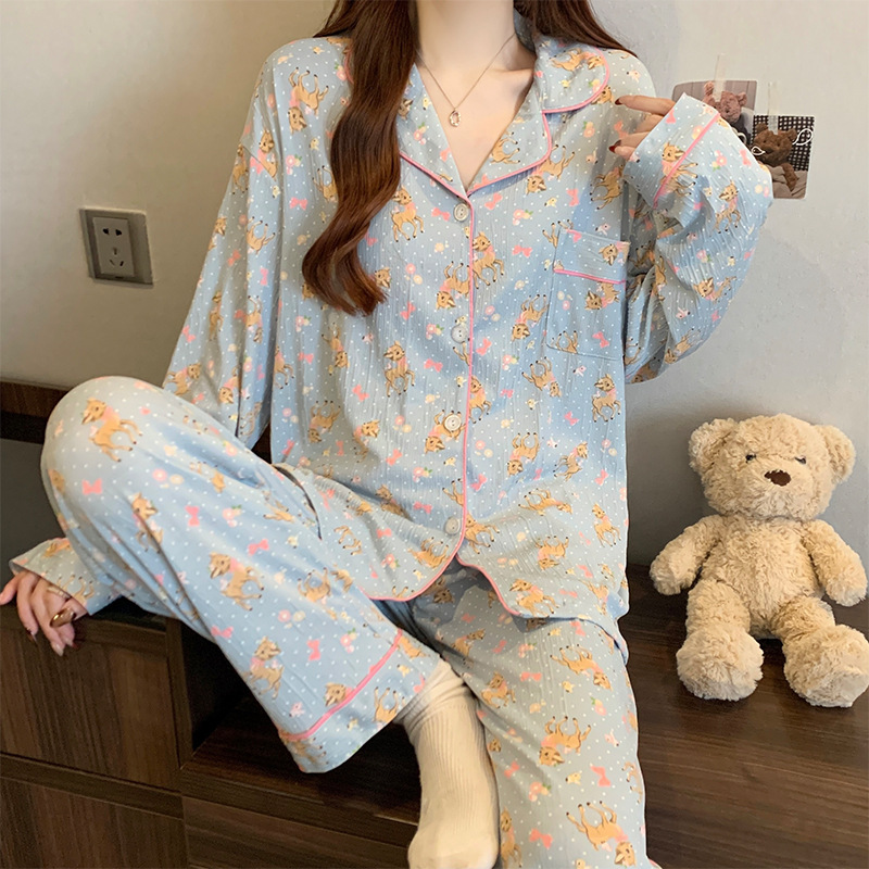 蝶結びのさくらんぼのプリントの女性のパジャマの春と秋の新型のカーディガンの長袖のズボンの部屋の服のスーツは実際に卸売りをたたきます。|undefined