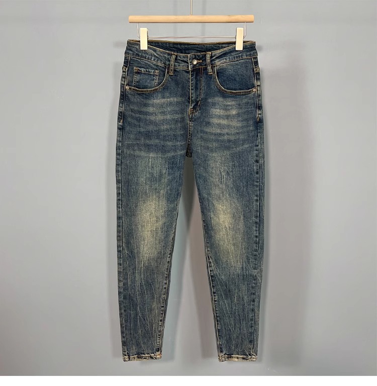 Autumn And Summer New Korean-style Handsome Small-footed Jeans, Slim-fitting, Comfortable, Elastic, Washed And Old-fashioned Nine-point Pants_viptrois.com
