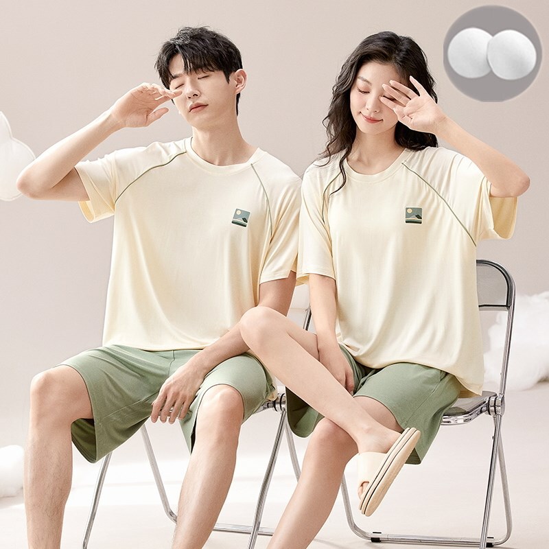 With Chest Pad 2025 Summer Pajamas Couple Modal Short-Sleeved Two-Piece Set Spring and Summer Pure Color Men's Soft Home Clothes