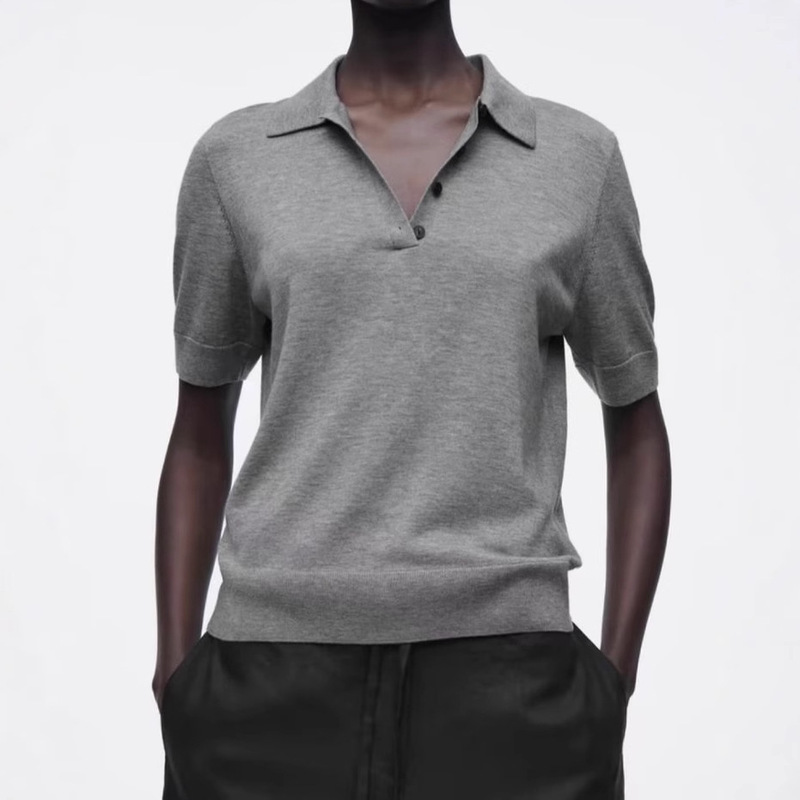 Cos Same Style 1:1 Wool Blend Polo Shirt Gray Thin Simple Fine Knit Machine Washable Short Sleeve Sweater