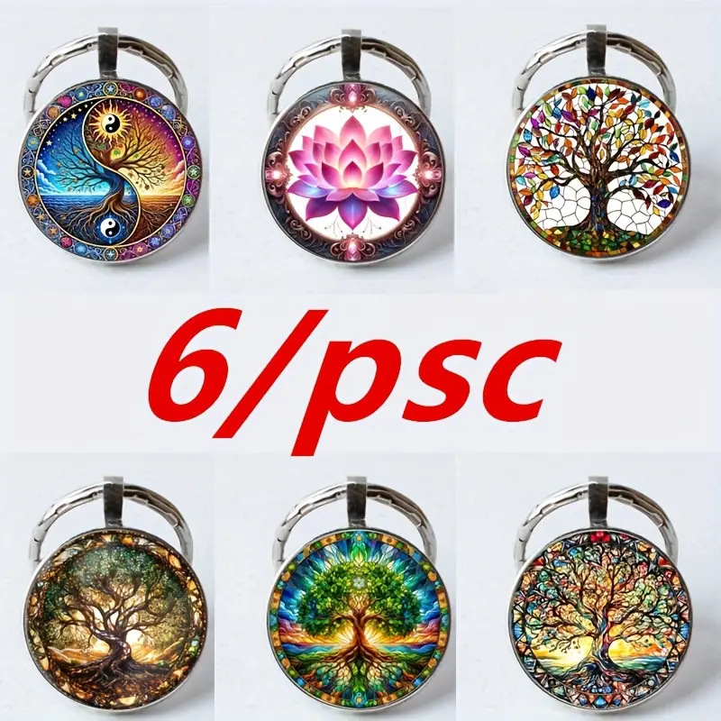 Cross-Border Best-Selling Tree of Life Lucky Lotus Pattern Men's and Women's Alloy Glass Pendant Keychain Jewelry