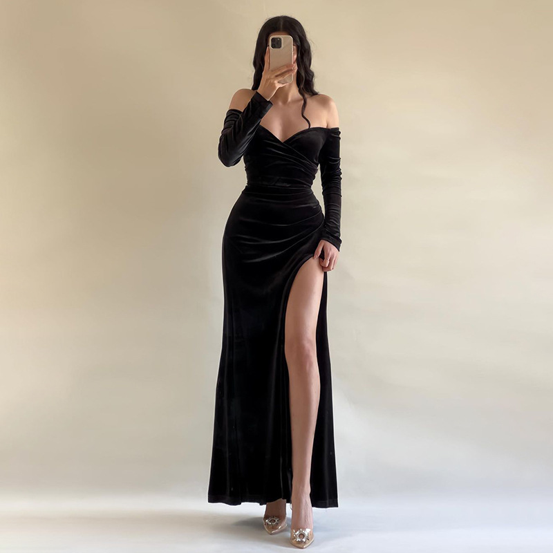 Off Shoulder Sexy High Slit Velvet Dress Women Elegant Dress