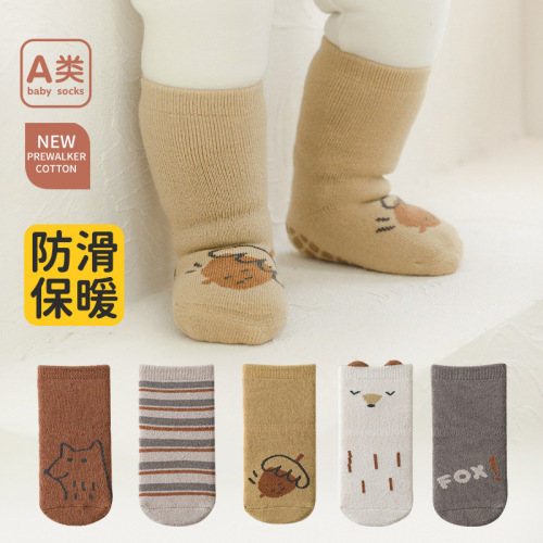  Winter Interlock Non-Scratch Leg Infant Cotton Socks with Cute Cartoon Design for Boys and Girls, Learning to Walk Socks