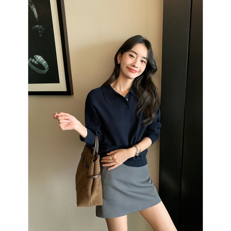 pusumede 慵懒基因 polo领套头毛衣女秋冬宽松慵懒长袖针织衫上衣|undefined