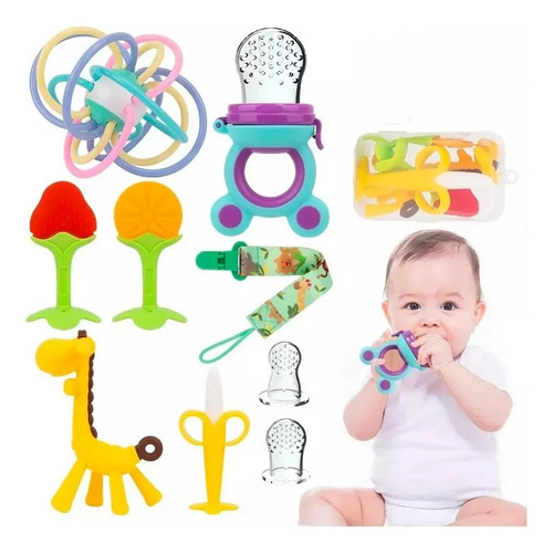 Pequeña seta fruta teether bebé mordedor bolsa de frutas y verduras teether bebé molar jirafa partido