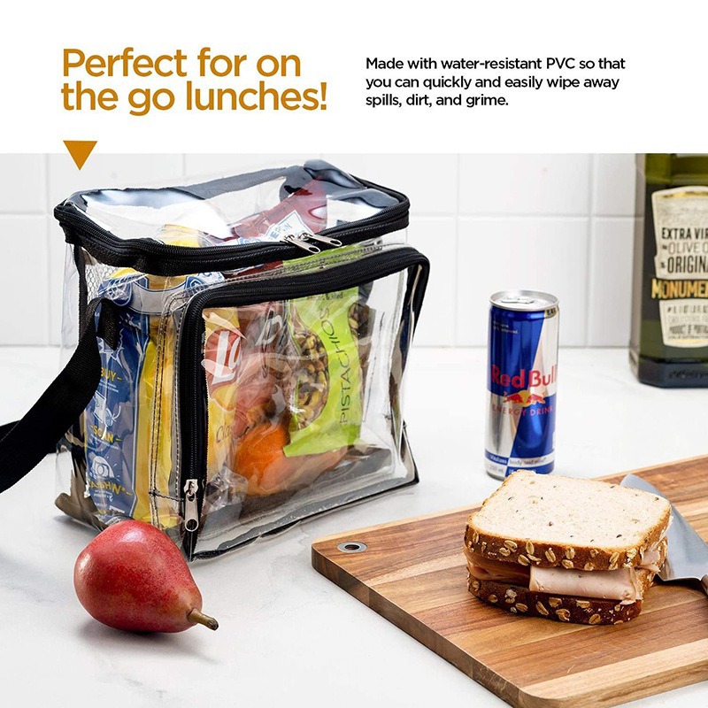 PVC Transparent Adjustable Strap Front Storage Compartment Mesh Pocket Outdoor Lunch Bag_voghion.com