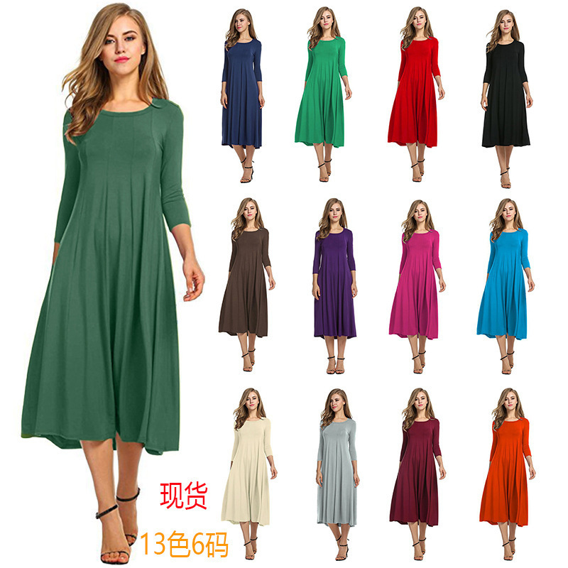 2024 Cross-Border Autumn and Winter European and American Export Women's Clothing Elegant Casual Urban Round Neck Large Hem New Dress