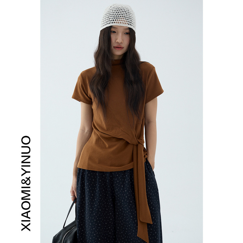 [Oufan] High-End Waist Strap Design Small High-Neck Short-Sleeved T-Shirt for Women 25 Autum Bottoming Top 3146