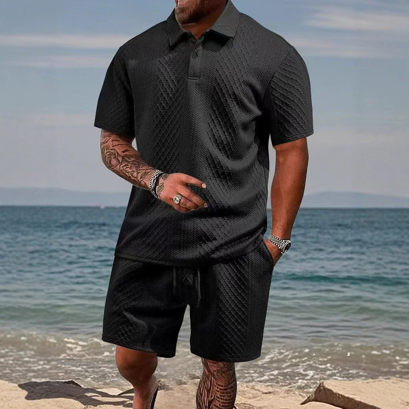 European and American New Style Short-Sleeved Men's T-Shirt Jacquard Fabric Lapel Polo Shirt Two-Piece Set Cross-Border Casual Sports Suit Men's Clothing European and American New Style Short-Sleeved Men's T-Shirt Jacquard Fabric Lapel Polo Shirt Two-Piece Set Cross-Border Casual Sports Suit Men's Clothing