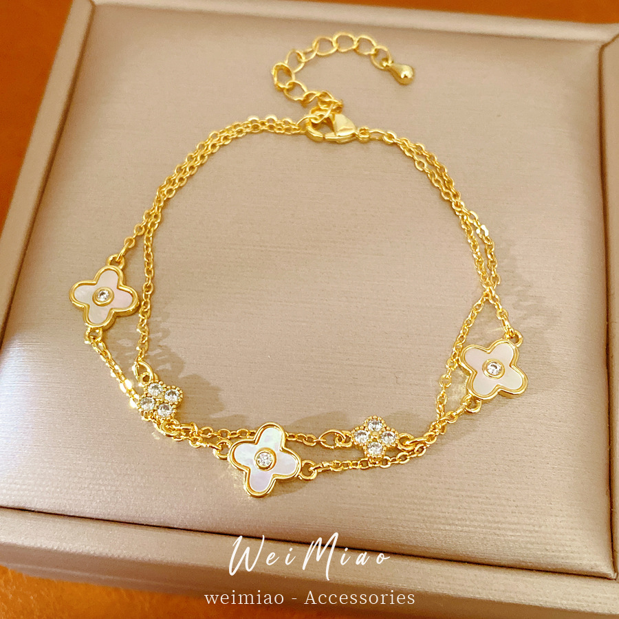 14 quilates de oro verdadero electronite marita fritaella de hierba afortunada flor pulsera de doble capa ligera pulsera de nicho joyería diaria