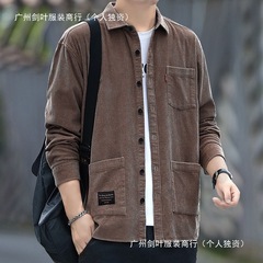 秋冬灯芯绒长袖衬衫男士修身休闲工装多口袋耐磨潮流青年衬衣上衣