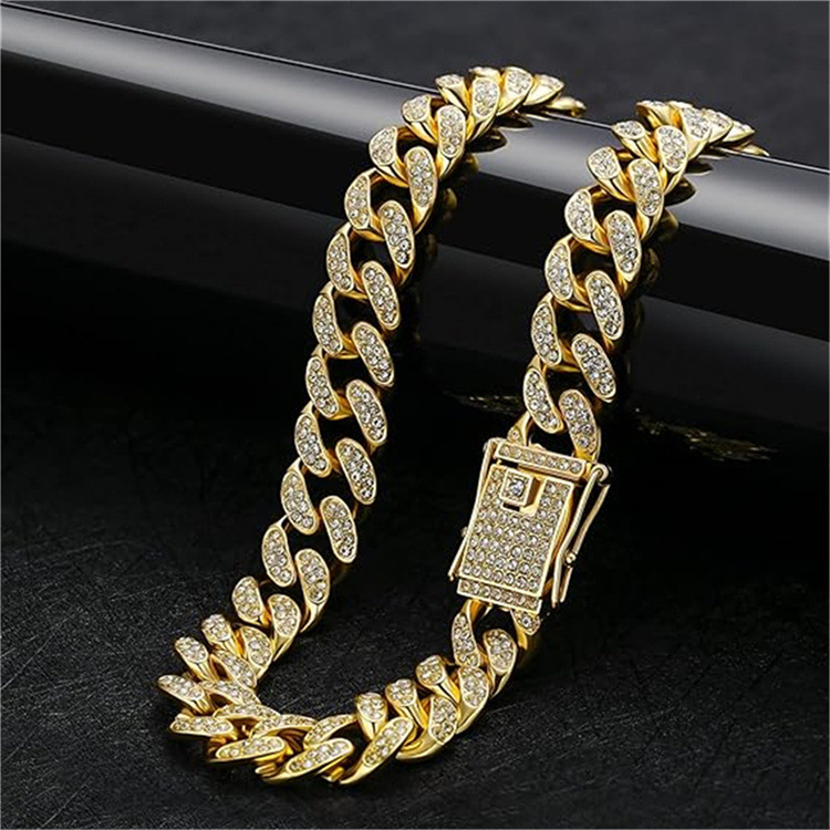 Accesorios geniales, collar de hip-hop para hombre, lleno de diamantes, cadena de oro grande, cadena cubana, pulsera de hip-hop, collar al por mayor, moderno