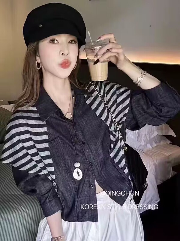 韩系翻领刺绣不规则牛仔衬衫带披肩2025秋季新款女设计感洋气上衣|undefined