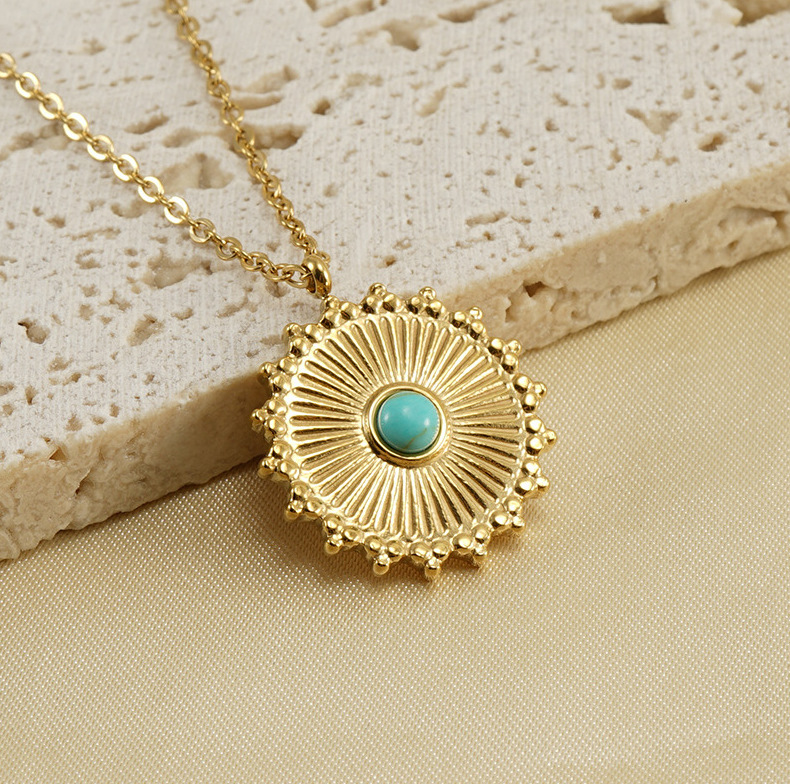 1 Piece Quantity Daily Occasion Wholesale Jewelry Retro Round 304 Stainless Steel Turquoise 18K Gold Plated Inlay Stainless Steel Necklaces
