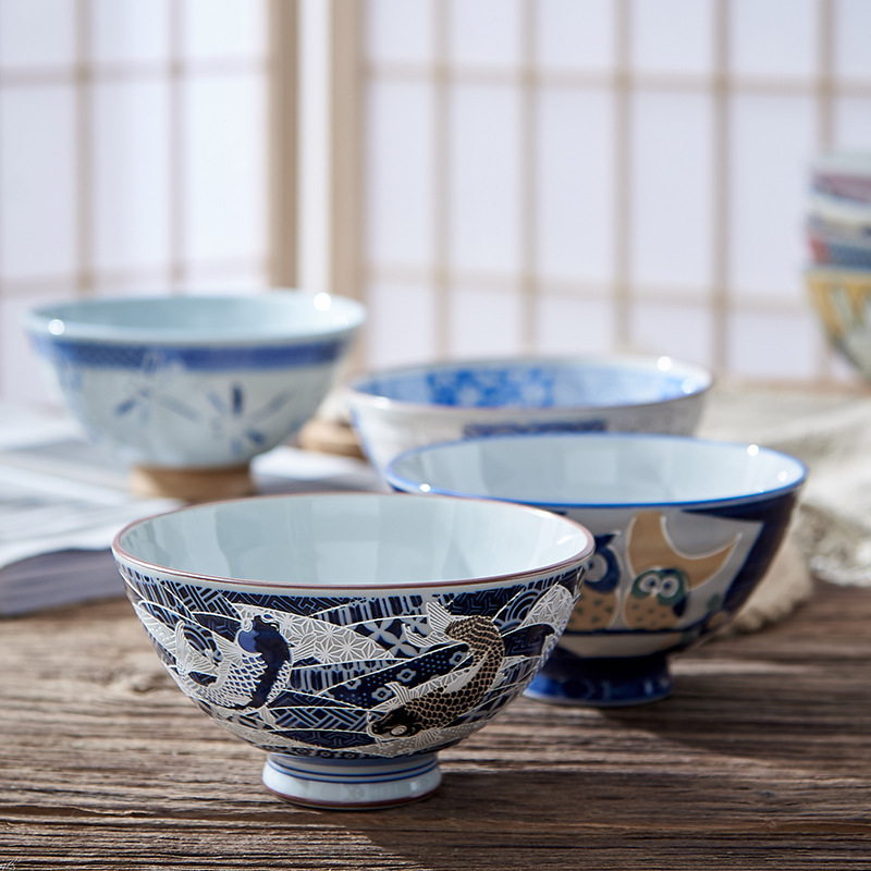 Japanese Household Dining Bowls with Underglaze Color, Small Cartoon Cute Style Japanese Ceramic Rice Bowls, Japanese-Style Rice Bowls Japanese Household Dining Bowls with Underglaze Color, Small Cartoon Cute Style Japanese Ceramic Rice Bowls, Japanese-Style Rice Bowls