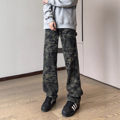 迷彩工装牛仔裤男生夏季新款美式高街复古裤子宽松直筒阔腿长裤子