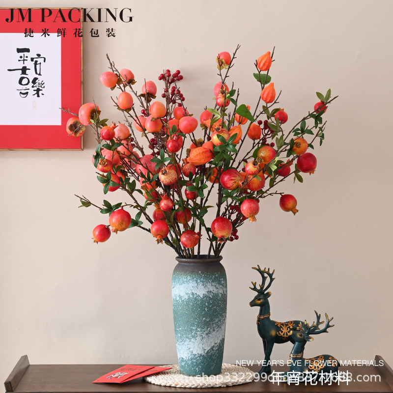 Cubo de bendición de Año Nuevo, cubo de abrazos, cubo de flores, granada artificial, acebo, hojas doradas, cubo de flores de bendición de Año Nuevo, materiales DIY, fruta de la fortuna.