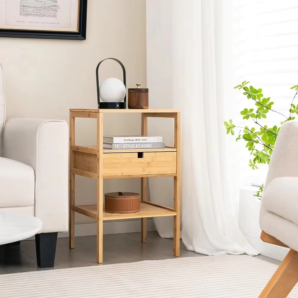 Multifunctional Modern Minimalist Wooden Bamboo Bedroom Furniture Bedside Table Sofa Side Storage Rack