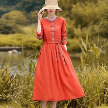 复古文艺长袖收腰棉麻连衣裙女2023年春秋新款中长款高端棉麻裙子
