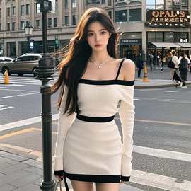 DLGT5328韩系性感撞色高级感针织连衣裙女新款时尚气质设计感短裙