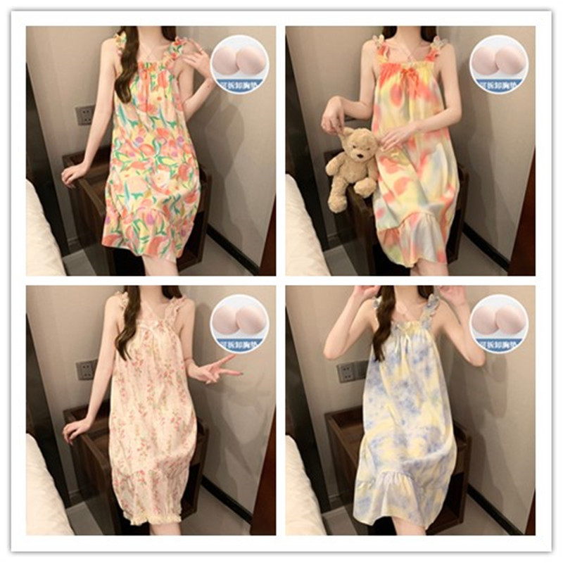 Verano con almohadilla de pecho dulce esling pijama vestido de mujer flores dulces lindas pijama casera casera