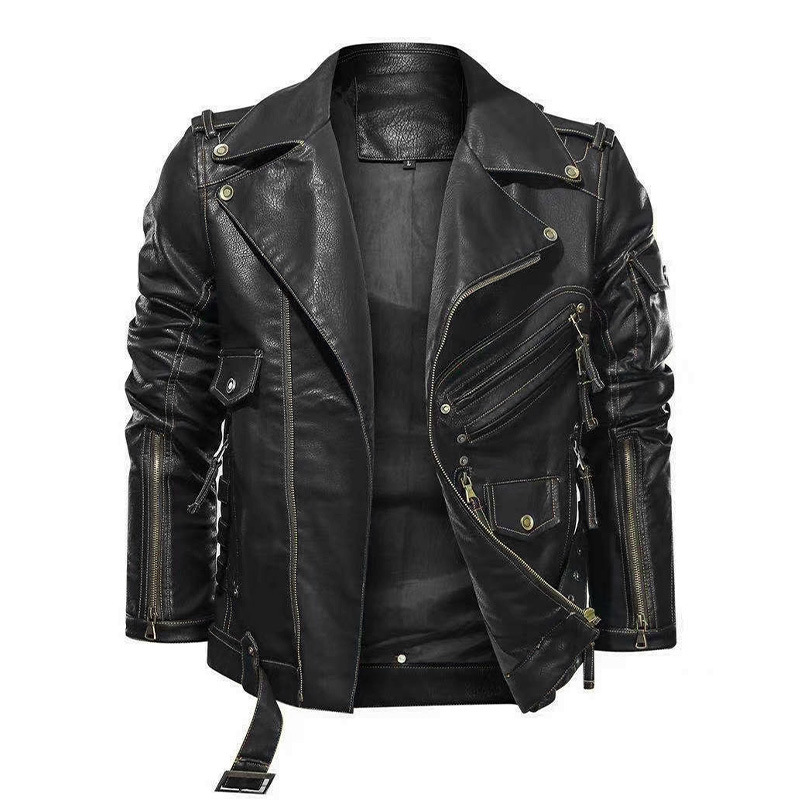 Men's Clothing PU leather jacket multi pocket zipper leather jacket men's autumn and winter punk jacket_voghion.com