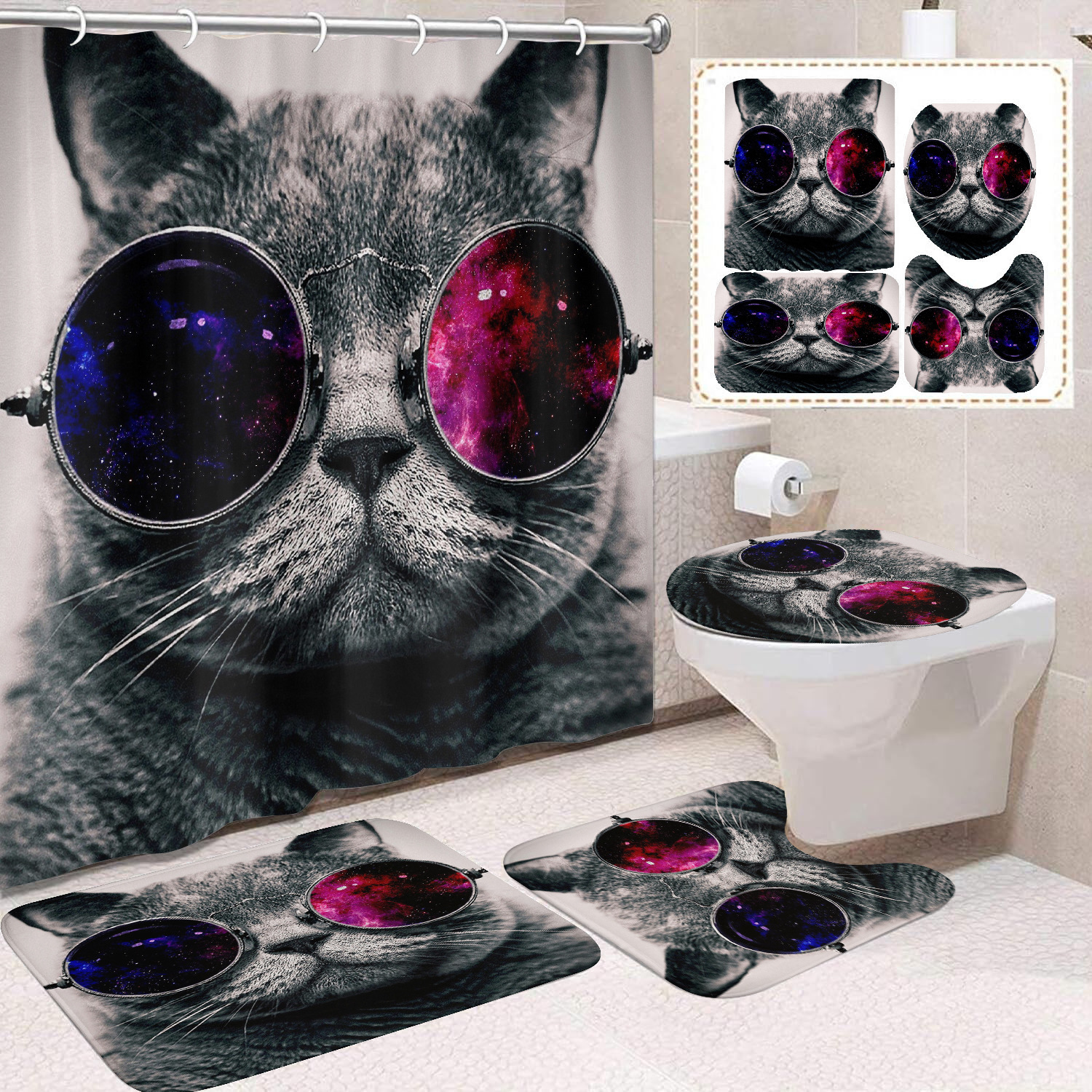 Fuente de fabricantes Amazon animales gatos niños cortina de ducha impermeable a prueba de moho cortina de ducha inodoro partición de baño divertido
