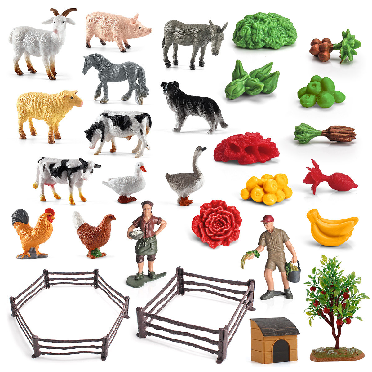 Cruce de aves de corral criador perro cerca de la casa árbol frutal fruta vegetal 36 piezas conjunto simulación granja escena decoración modelo