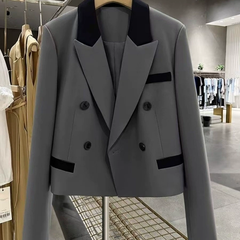 Серый элегантный короткий блейзер весна-осень мода 2025 миниатюрный новый трендовый высококачественный костюм