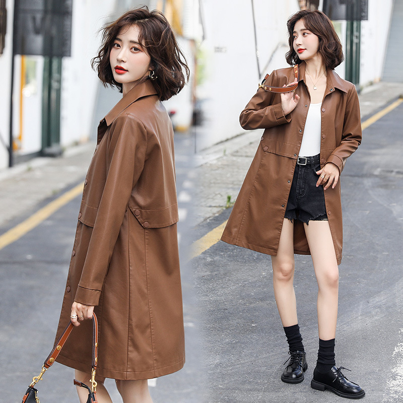 Early spring leather windbreaker Women's Mid-length 2023 Spring and Autumn new women's Korean-style slim-fit slimming PU leather coat