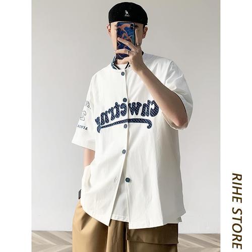 Workwear Shirt Hip-Hop T Summer Loose American Baseball Collar Ins Couple Fashion Brand Men Women BF Five-Button Short Sleeve Top