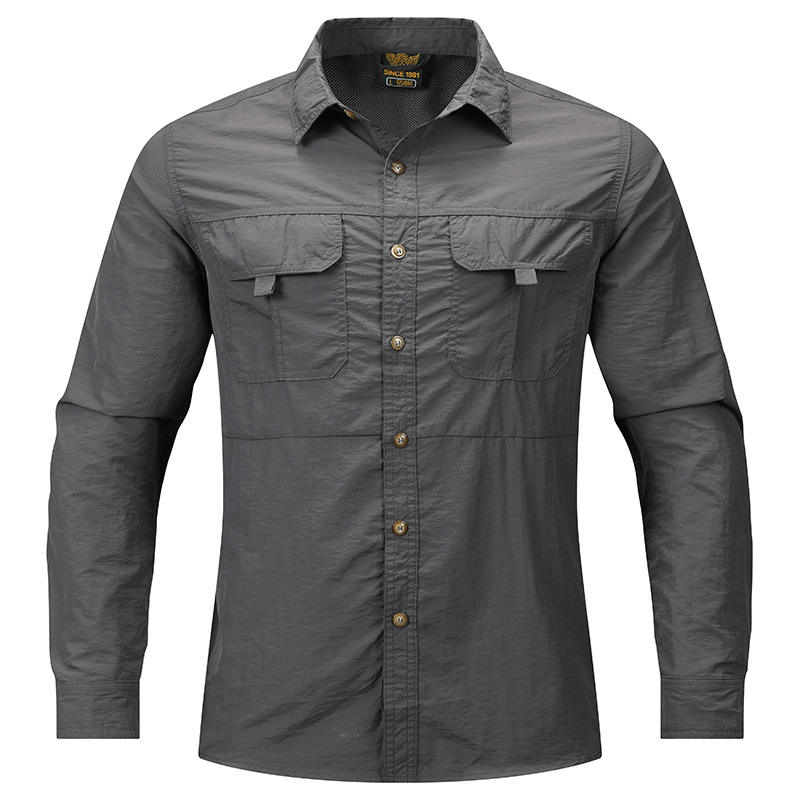 Primavera hombre al aire libre suelta gran bolsillo camisa de manga larga hombre camisa deportiva de secado rápido casual hombre