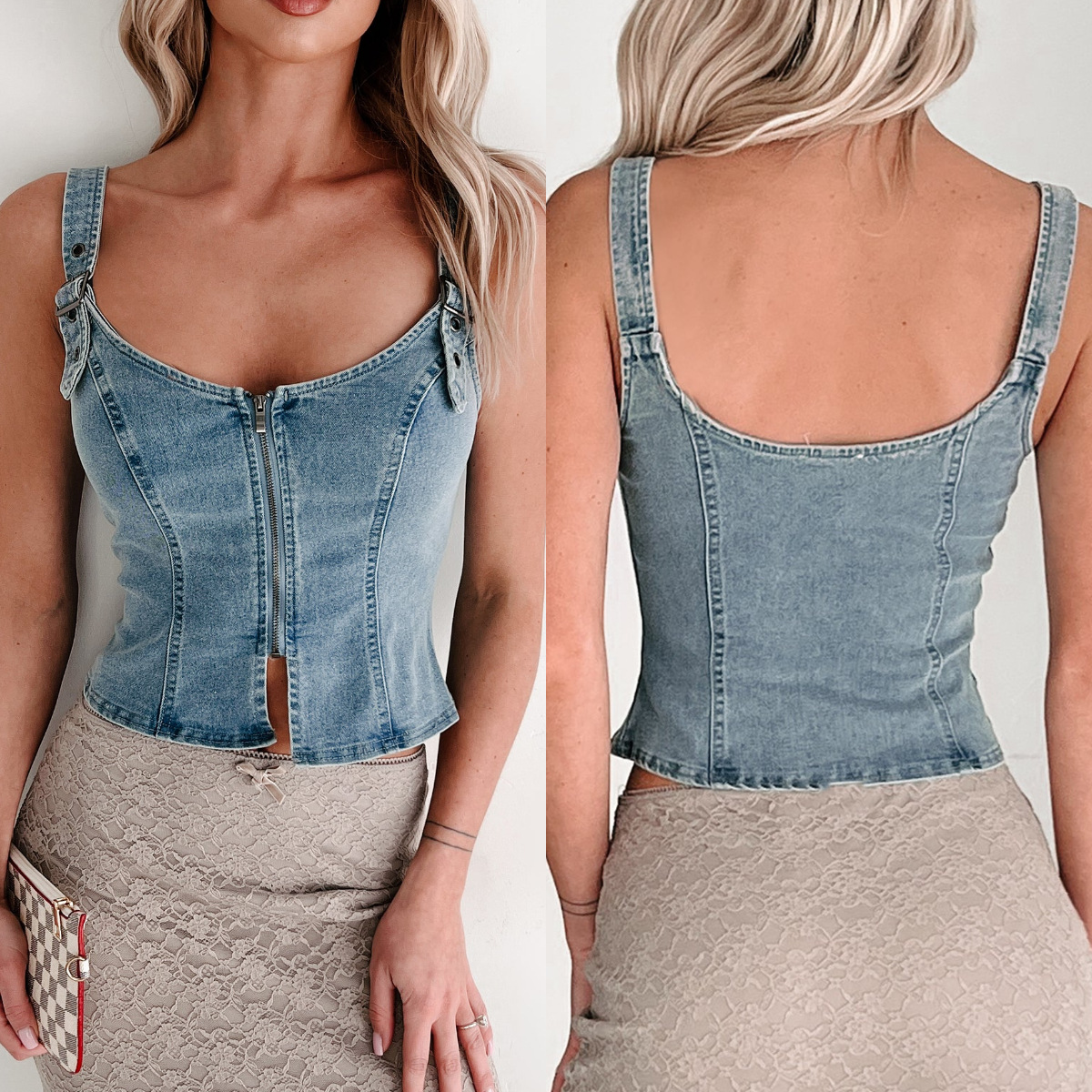 2025 Spring/summer New Women's Denim Cardigan Sleeveless Zipper Vest Small Suspender Top_ecoleips.com