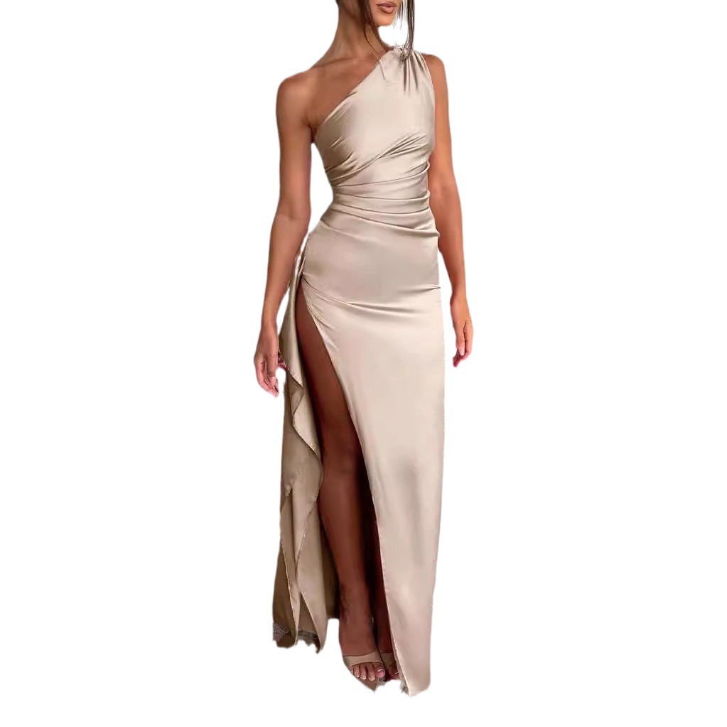 Otoño e invierno europeo y americano Comercio exterior nueva ropa de mujer Amazon sin mangas cabestrillo cuello dama de honor vestido sin espalda delgada vaina