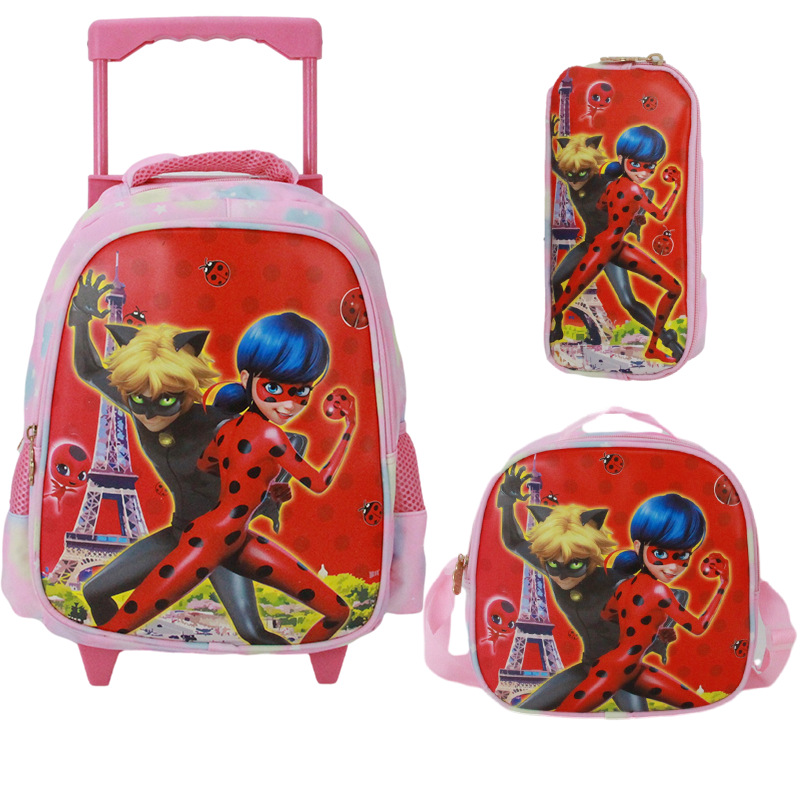 new pattern pupil fixed Draw bar box Three Ladybug girl pull rod schoolbag leisure time light capacity schoolbag