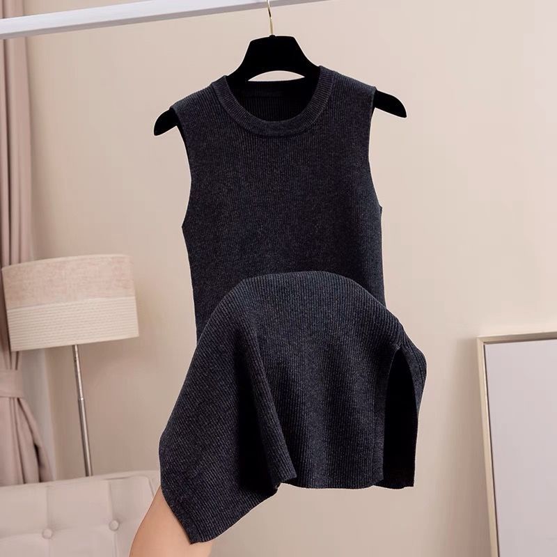 圆领针织连衣裙女2025春秋款无袖显瘦开叉中长款打底毛裙背心长裙