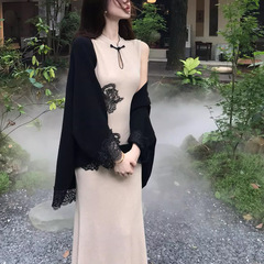 国风复古女2025初秋新中式无袖旗袍针织连衣裙长裙开衫两件套套装