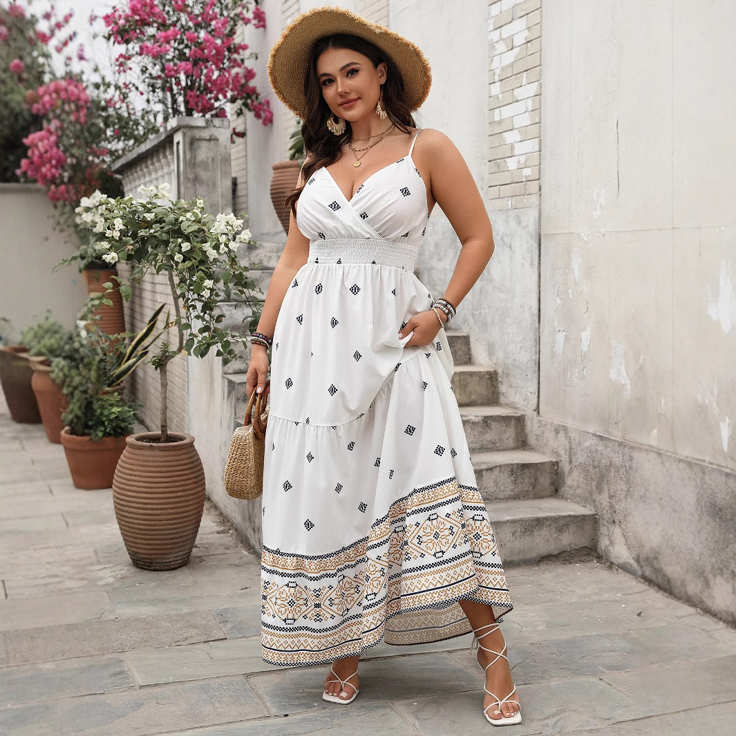 Estación independiente transfronteriza Vestido europeo y americano Ropa de mujer Primavera/Verano 2025 Vestido de tirantes de cintura con estampado de temperamento de comercio exterior