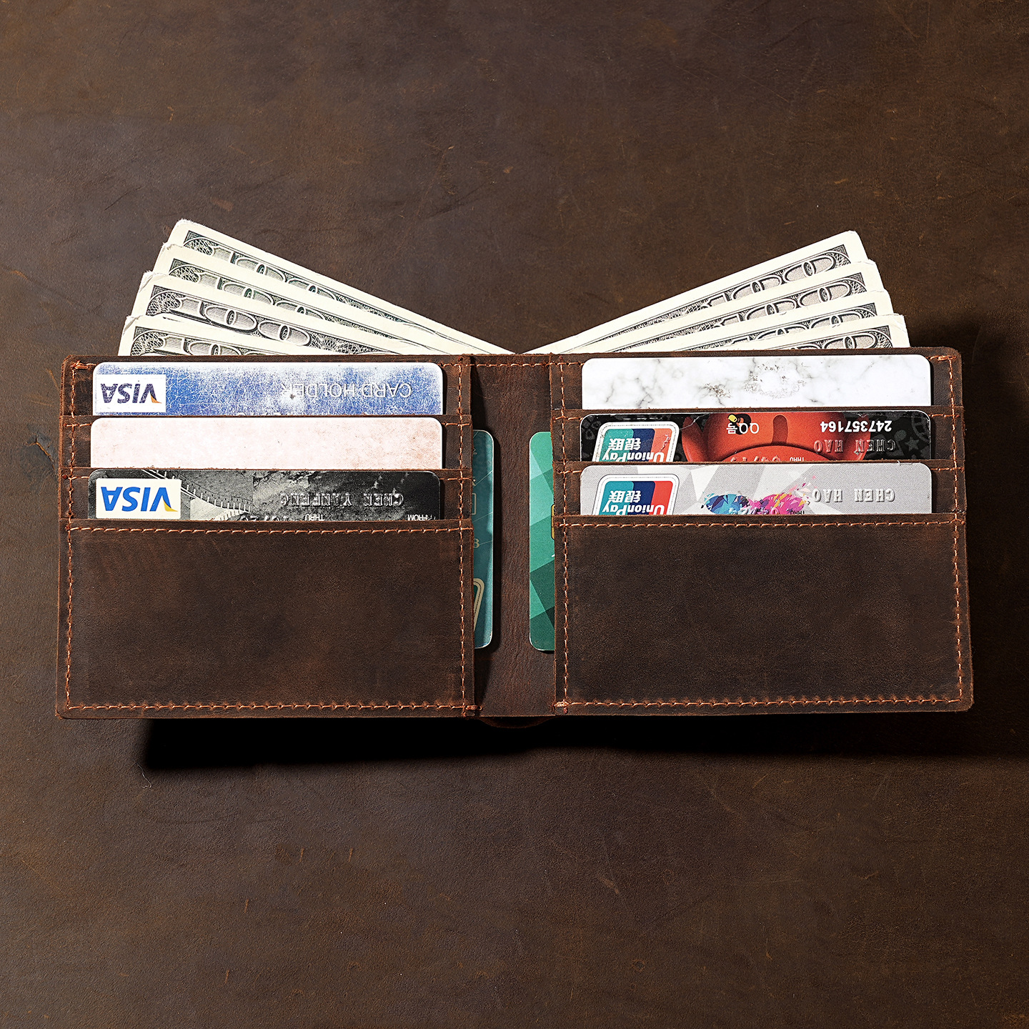 Crazy Horse Leather Men's Horizontal Wallet Retro European and American Style Genuine Leather Wallet First Layer Cowhide Men's Dollar Card Holder Wallet