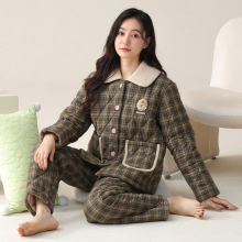 纯棉三层加厚夹棉睡衣女士中年妈妈冬季保暖梭织棉袄女家居服套装