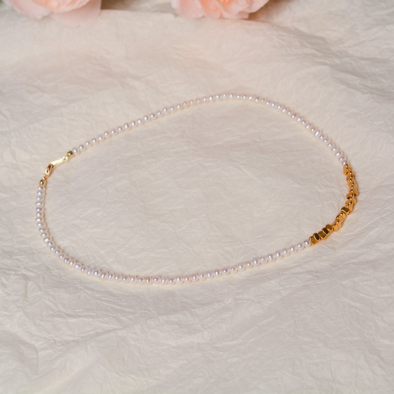 3-4mm Natural Freshwater Pearl Choker Necklace Female French Style Metallic Small Gold Necklace High-end