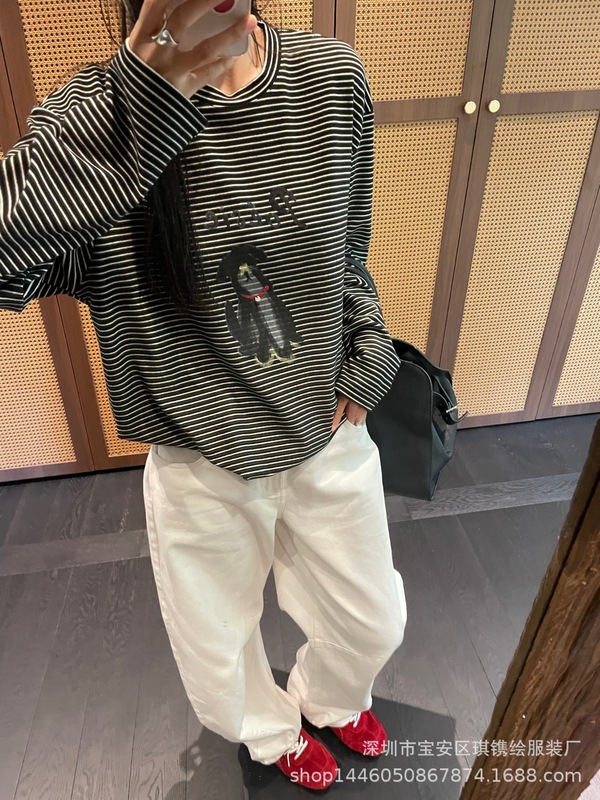 琪镌绘制休闲百搭条纹卡通圆领长袖t恤女秋季款宽松套头上衣29035|undefined