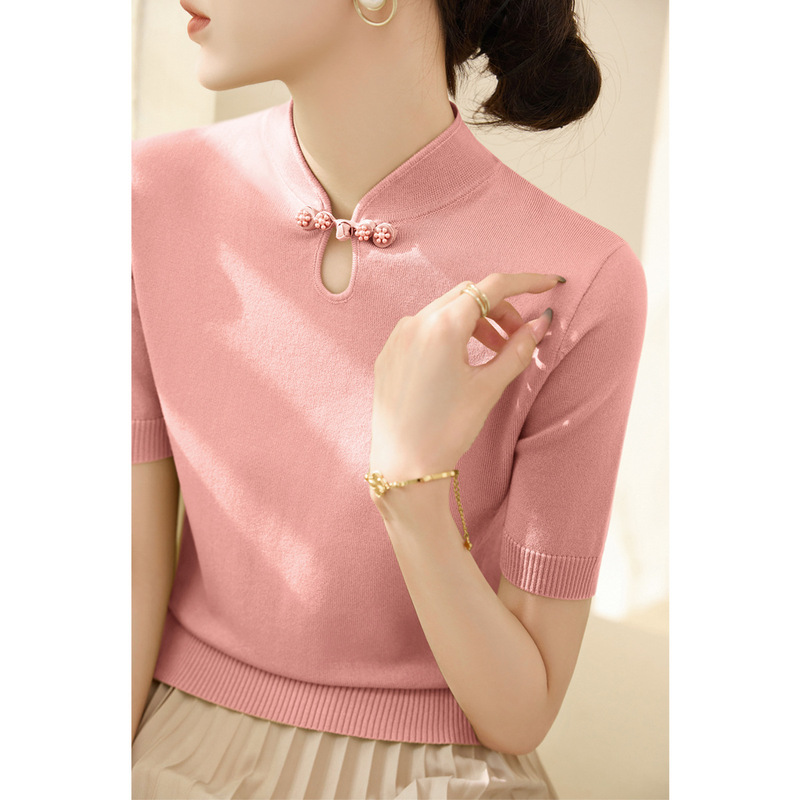 High-end fashion stand collar summer temperament women's top new Chinese-style buckle design pullover short-sleeved sweater t-shirt