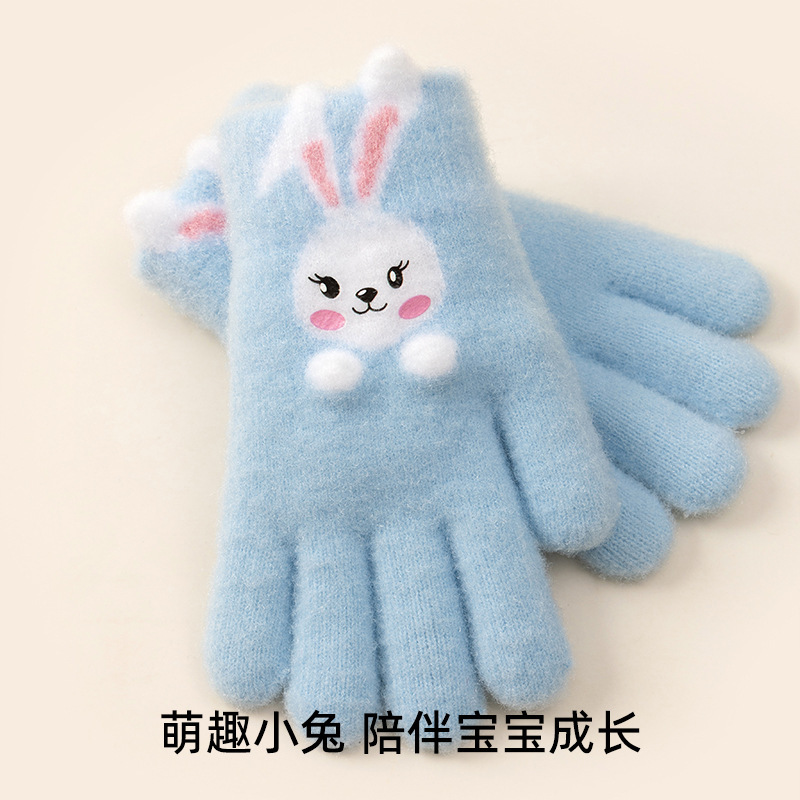 手套女小学生冬季可爱卡通兔子针织保暖防寒五指毛线儿童写字手套|undefined