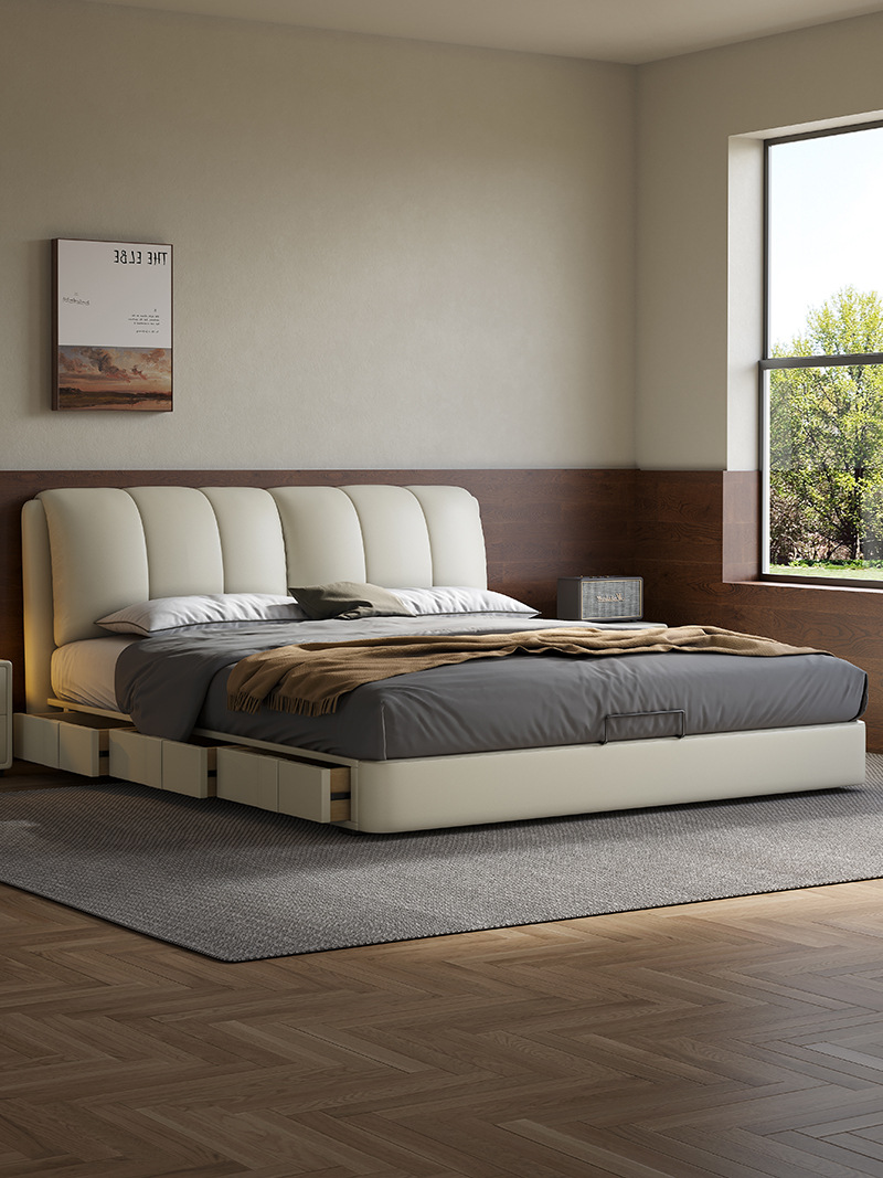 真皮床主卧高端大气简约现代轻奢齐边双人高箱储物钢琴键床