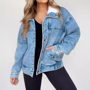 Cross-border Amazon foreign trade new European and American autumn and winter jacket denim cotton loose wool collar lapel double pocket coat