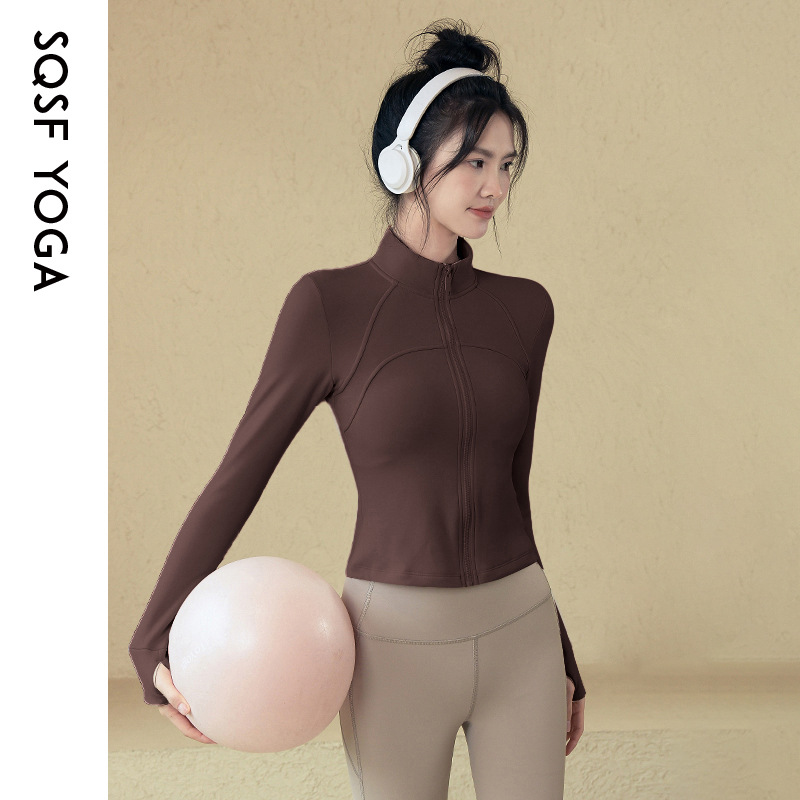 Slim-fit Stand-up Collar Zipper Jacket Women's Fitness Yoga Fleece Tights Women's Fitness Clothes_desvips.com