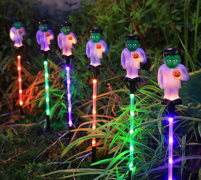 跨境新品万圣节户外庭院防水装饰灯串 LED南瓜幽灵太阳能地插灯|undefined