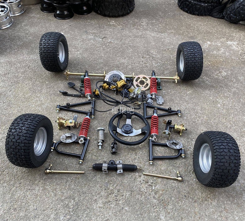 Modified Go-Kart Parts, Homemade Four-Wheel Vehicle with Front and Rear Suspension, Steering Wheel, 1m Rear Axle, 6/7/ 8inch Tires